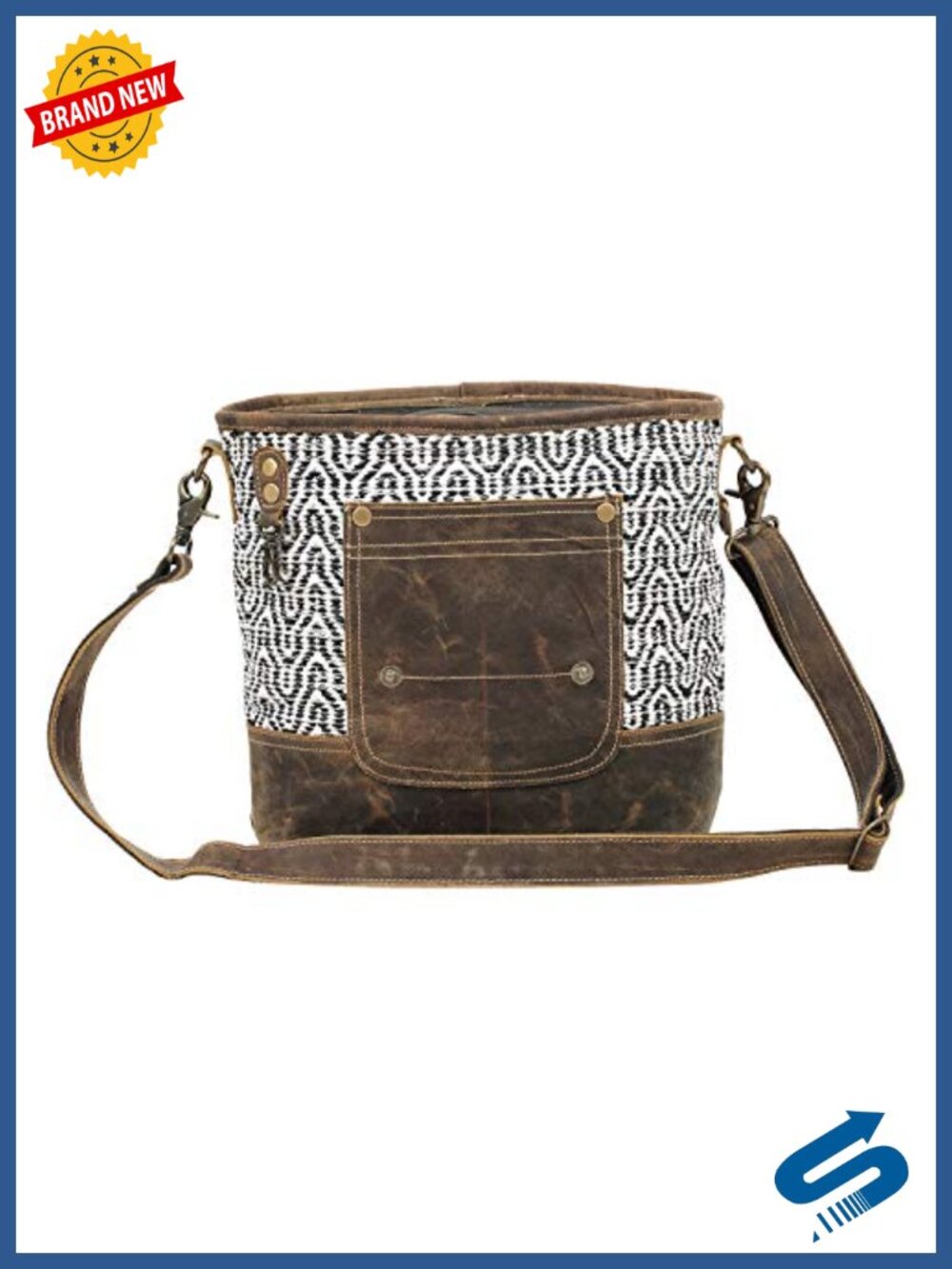 Canvas and Buffalo Leather Geometric Print Shoulder Crossbody Bag